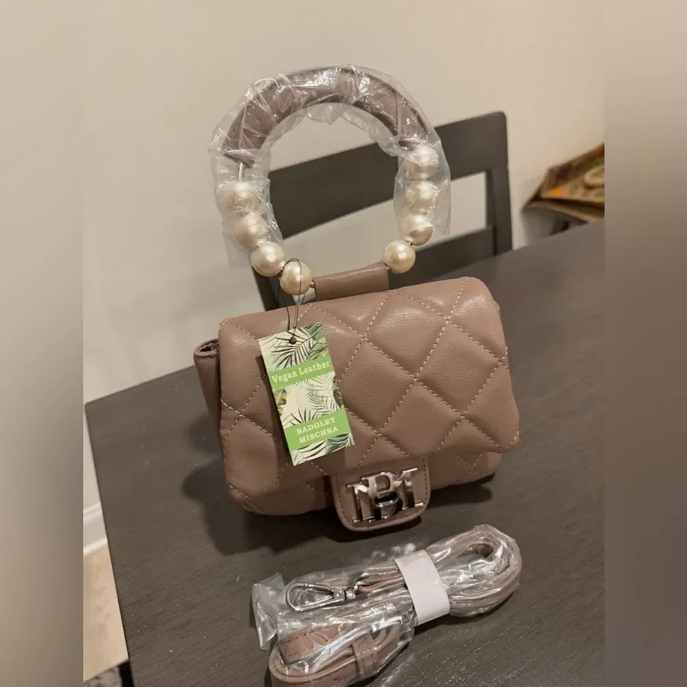 NWT Badgley Mischka Pearl Top handle Mini Quilted Handbag Taupe